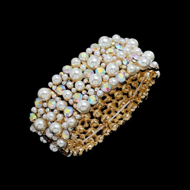 Luxury pearl rhinestone statement elastic bangle