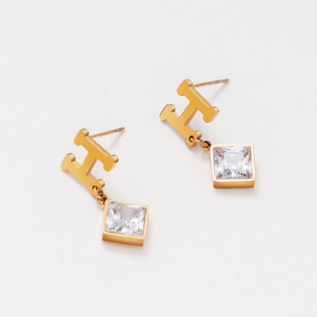 Stainless steel H letter cubic zircon earrings