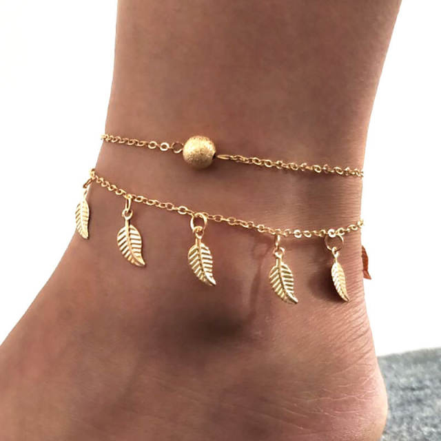 Leaf pendant double-layer chain anklet