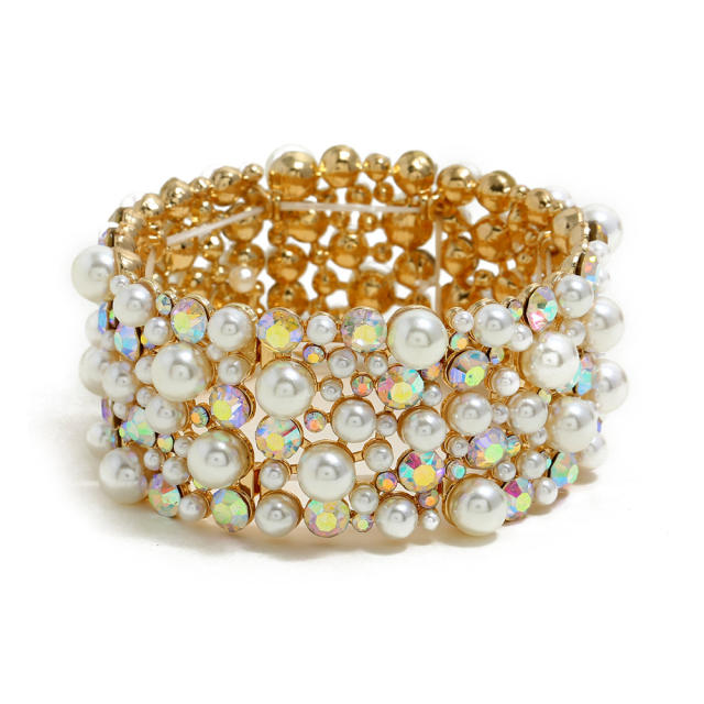 Luxury pearl rhinestone statement elastic bangle