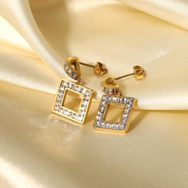 14KG stainless steel CZ square dangle earrings