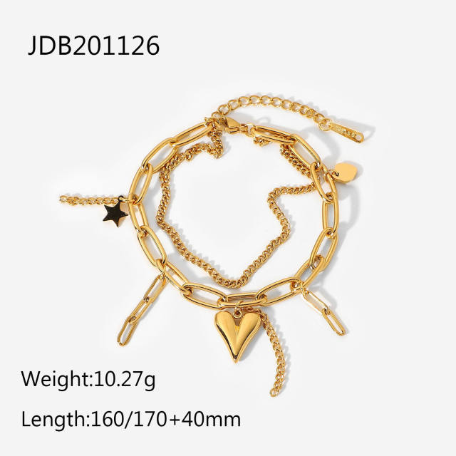 18KG stainless steel heart charm layer chain bracelet
