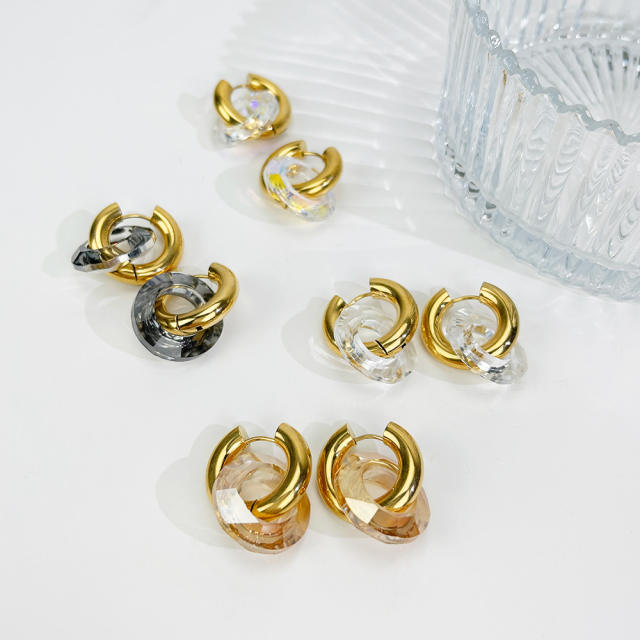 Color glass ring stainless steel huggie earrings
