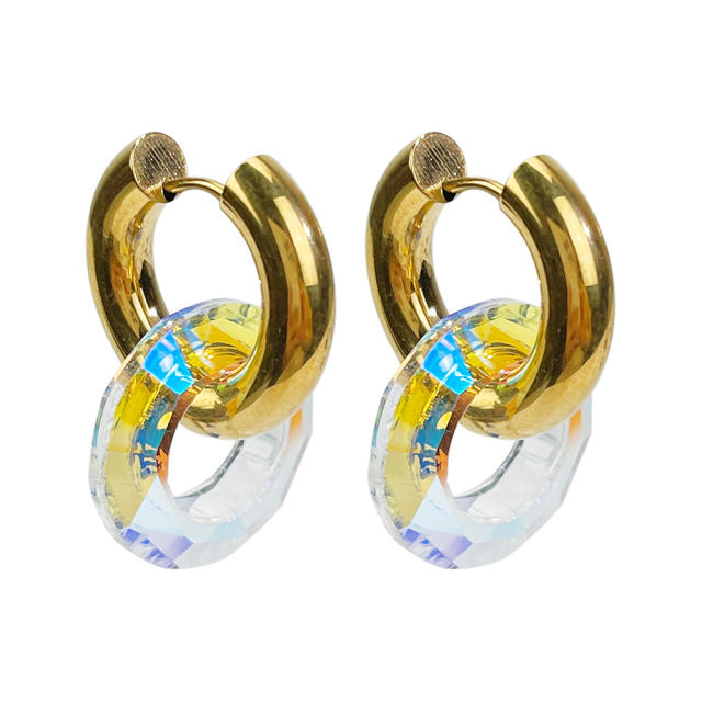 Color glass ring stainless steel huggie earrings