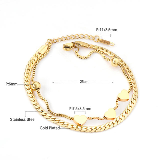INS two layer cuban line chain heart stainless steel chain bracelet