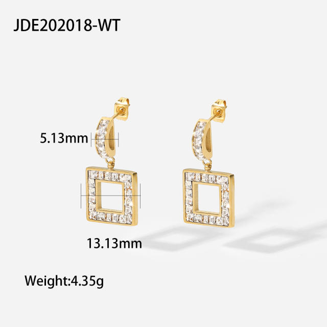 14KG stainless steel CZ square dangle earrings