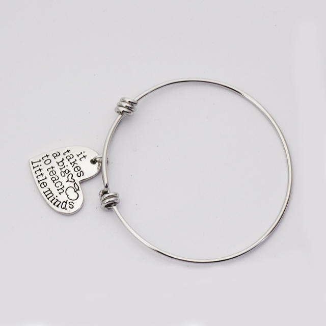 Engraved heart charm expandable bangle