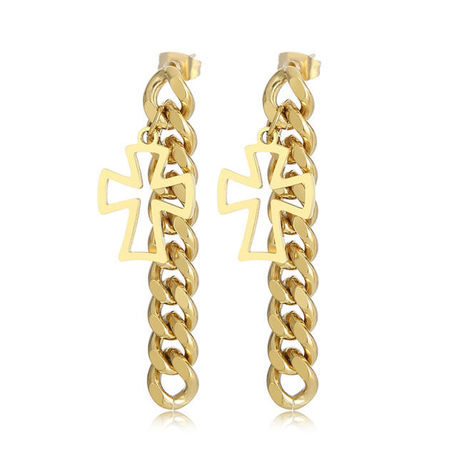 Stainless steel Cuban link chain cross earrings