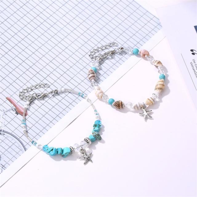 Bohemian starfish natural stone conch shell beads anklet