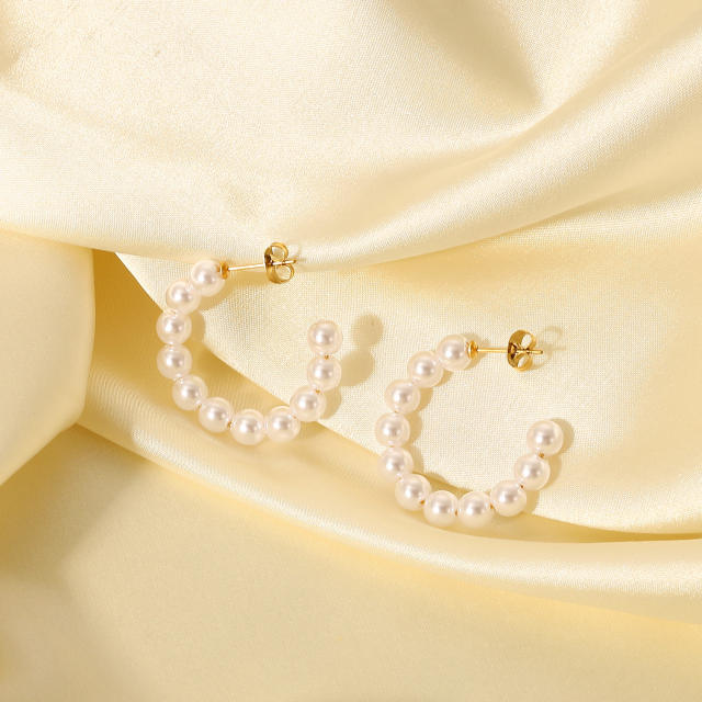 30mm pearl C shaped stainless steel hoop earrings