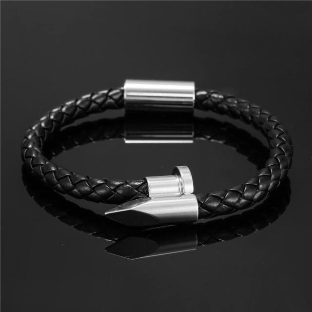 Braided leather stainless steel nail bangle for men
