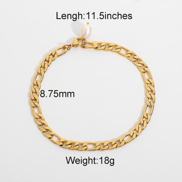 18KG stainless steel figaro chain anklet with pearl