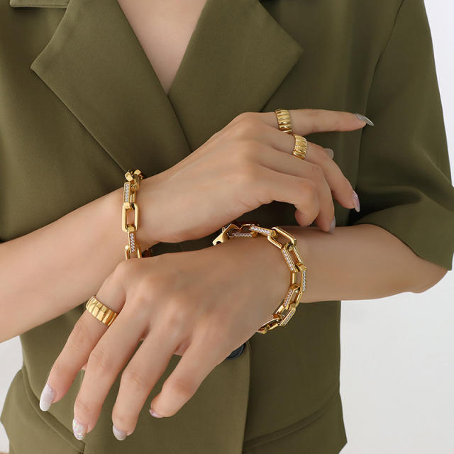 Luxury cubic zircon setting stainless steel chain bracelet