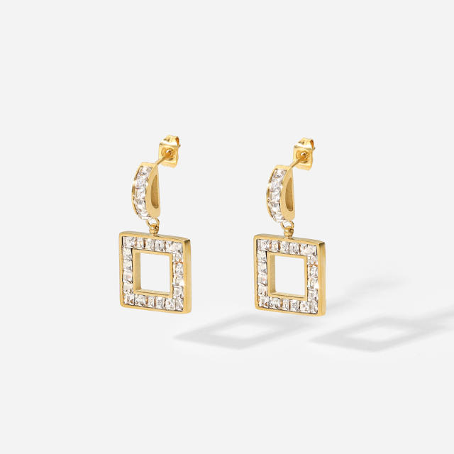 14KG stainless steel CZ square dangle earrings