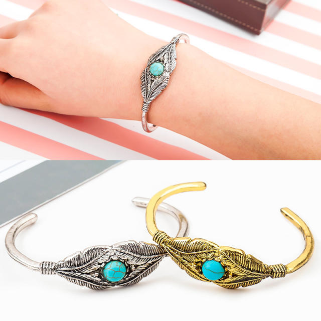 Turquoise feather open bangle