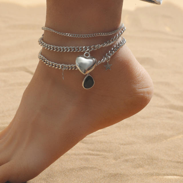 Heart star pendant multi-layer chain anklet
