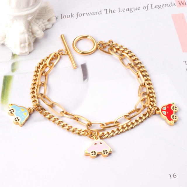 Cute enamel color taxi charm stainless steel chain bracelet