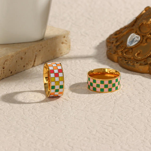INS color enamel checkered stainless steel ring bands