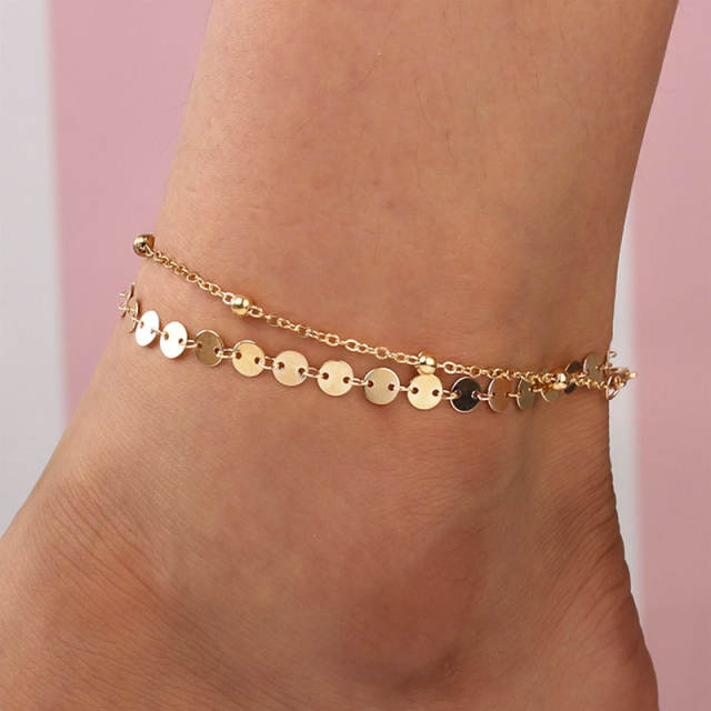 Metal sequins wafer double-layer chain anklet