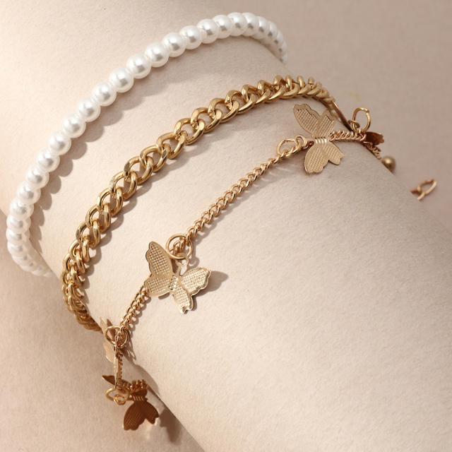 Butterfly charm pearl chain anklets 3 pieces set