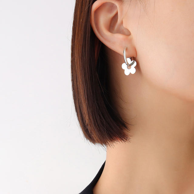 Stainless steel flower huggie earrings