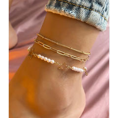 Y2K sweet pearl beads hollow star layer anklet choker