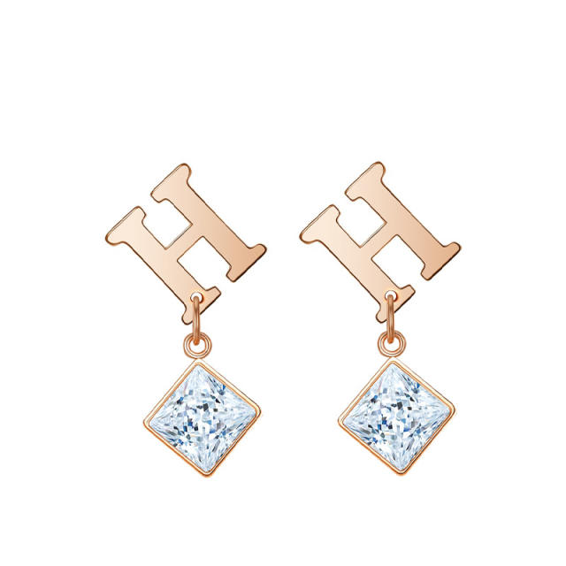 Stainless steel H letter cubic zircon earrings