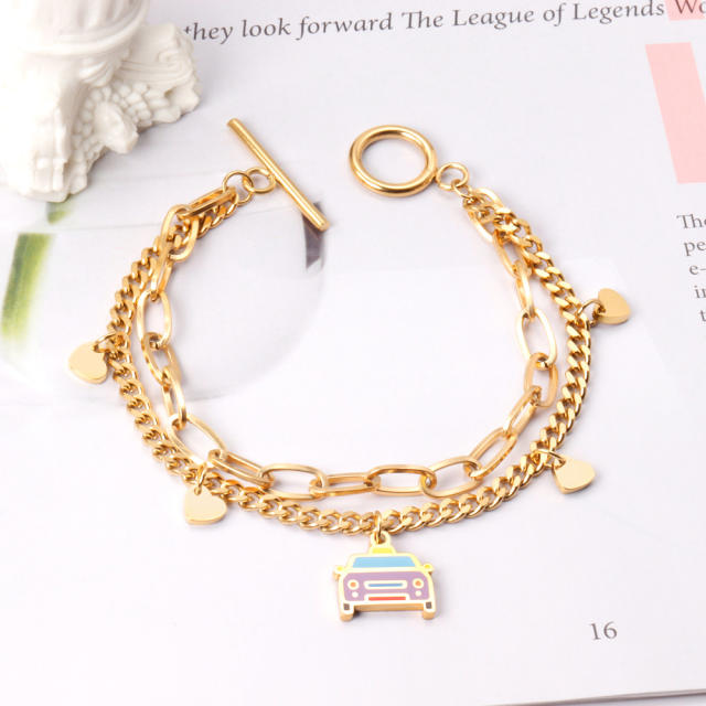 Enamel bus charm stainless steel layer chain bracelet