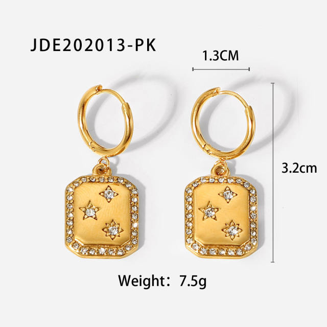 18KG stainless steel diamond star square huggie earrings