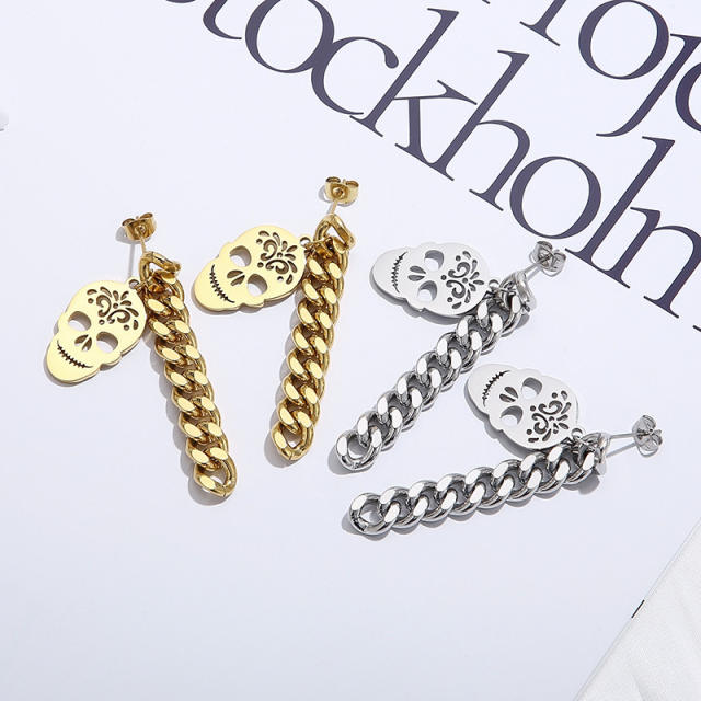 Hollow skull head stainless steel chain earrings