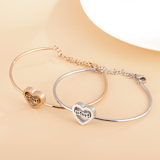 Mama letter hollow heart stainless steel bangle