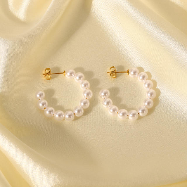 30mm pearl C shaped stainless steel hoop earrings