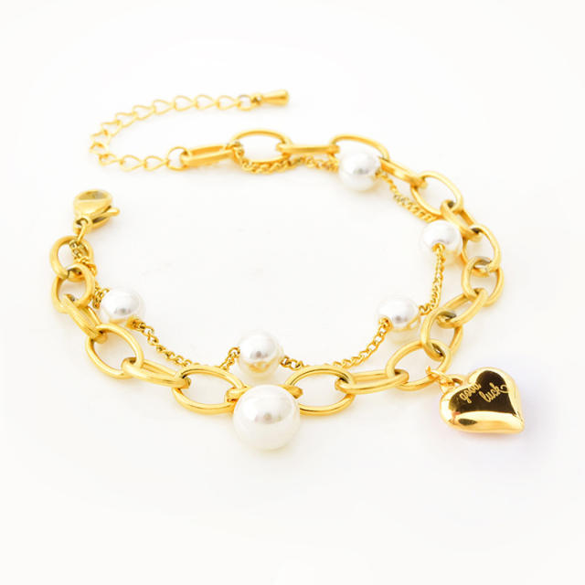 Double layers pearl and chain bracelet