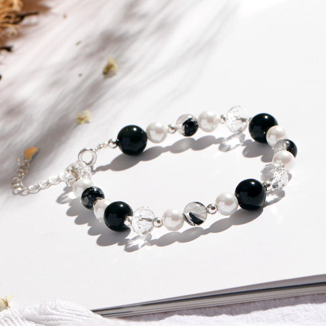 Obsidian crystal pearl bead bracelet