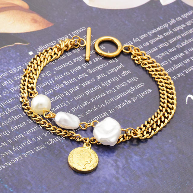 Doubule layers pearl chain toggle bracelet
