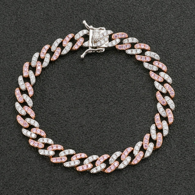 2 Tone 5A  Cubic zirconia copper cuban link chainbracelet 9mm