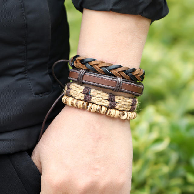 Multilayer braided wrap leather bracelet
