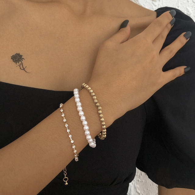 Tennis chain pearl bracelet three pcs set