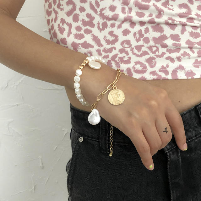 Pearl bracelet and link chain bracelet two pcs set