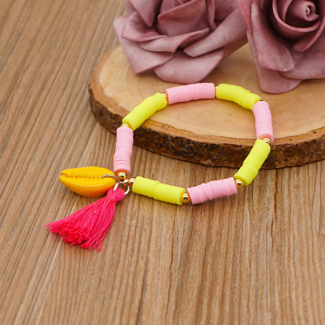 Tassel heishi bead bracelet with nature shell