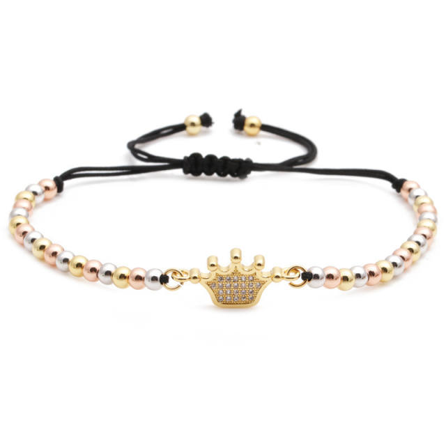 Crown tree of life with cubic zirconia gold bead bracelet