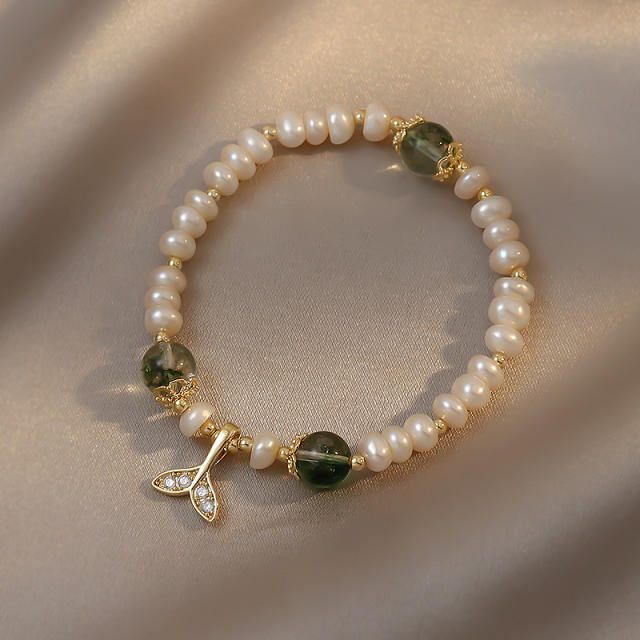 Whale tail charm natural pearl crystal bracelet