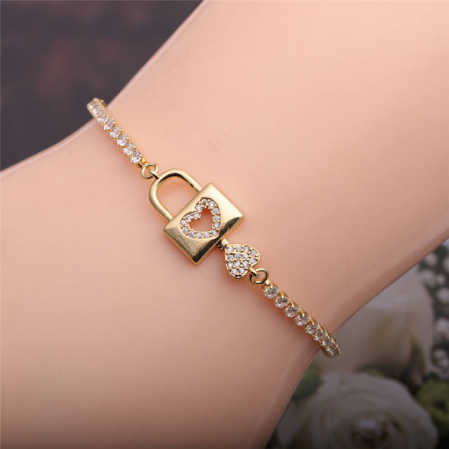 Heart-shape lock key cubic zirconia gold tennis bracelet