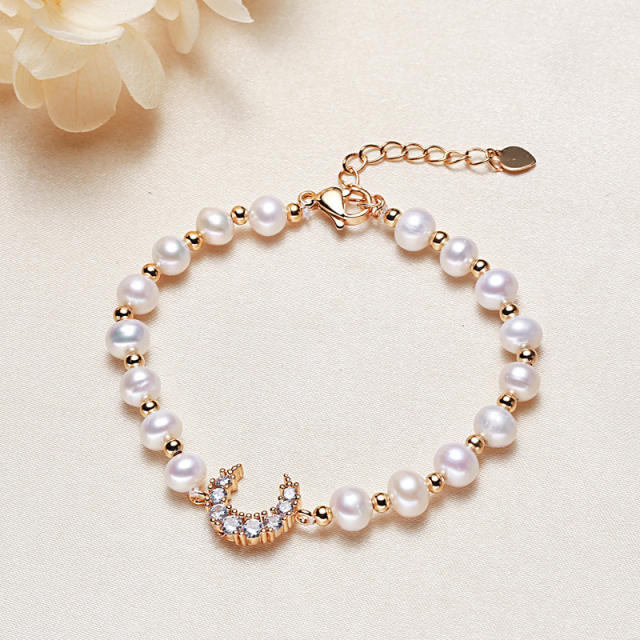 Crescent moon charm freshwater pearl bracelet