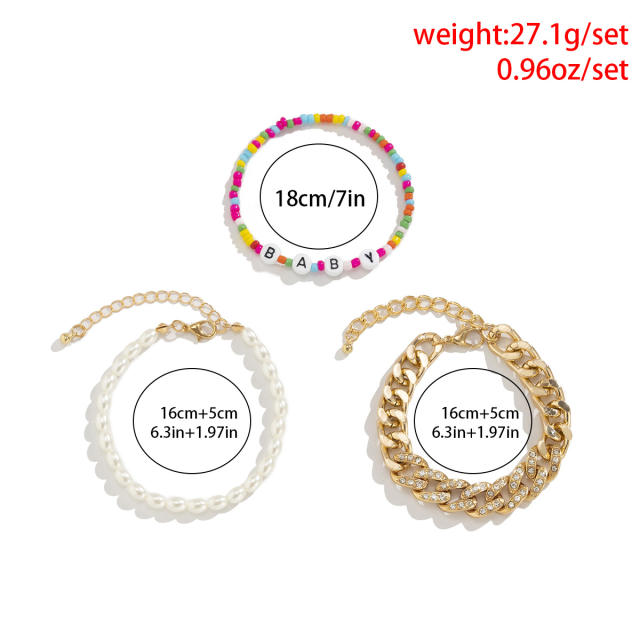 Cuban chain pearl seed bead bracelet 3 pcs set
