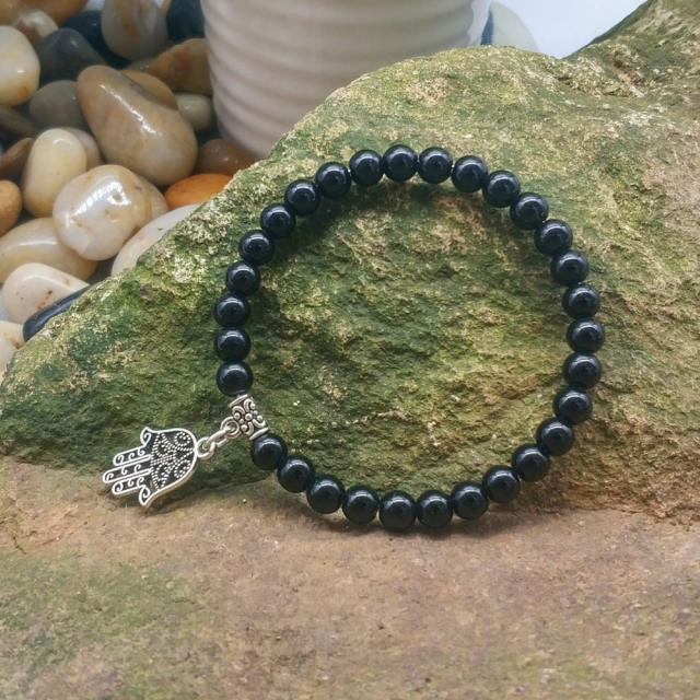 Leaf hamsa hand agate turquoise bead bracelet