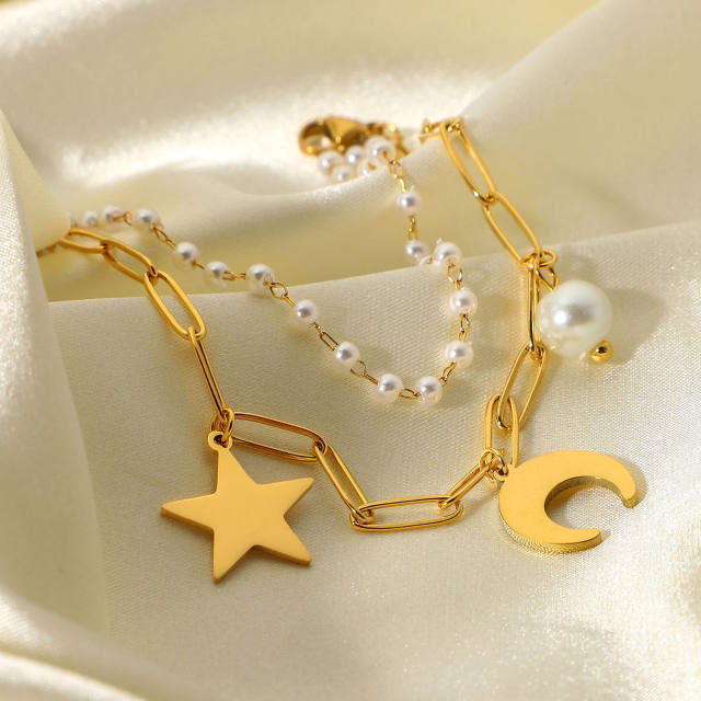 Fashion stainless steel moon and star pendant Pearl Chain double layer bracelet
