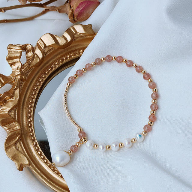 Strawberry rose quartz natural pearl bracelet
