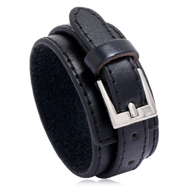 Double layers belt buckle leather cuff bracelet