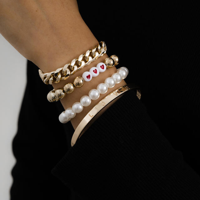 Cuban chain pearl bracelet 4 pcs set